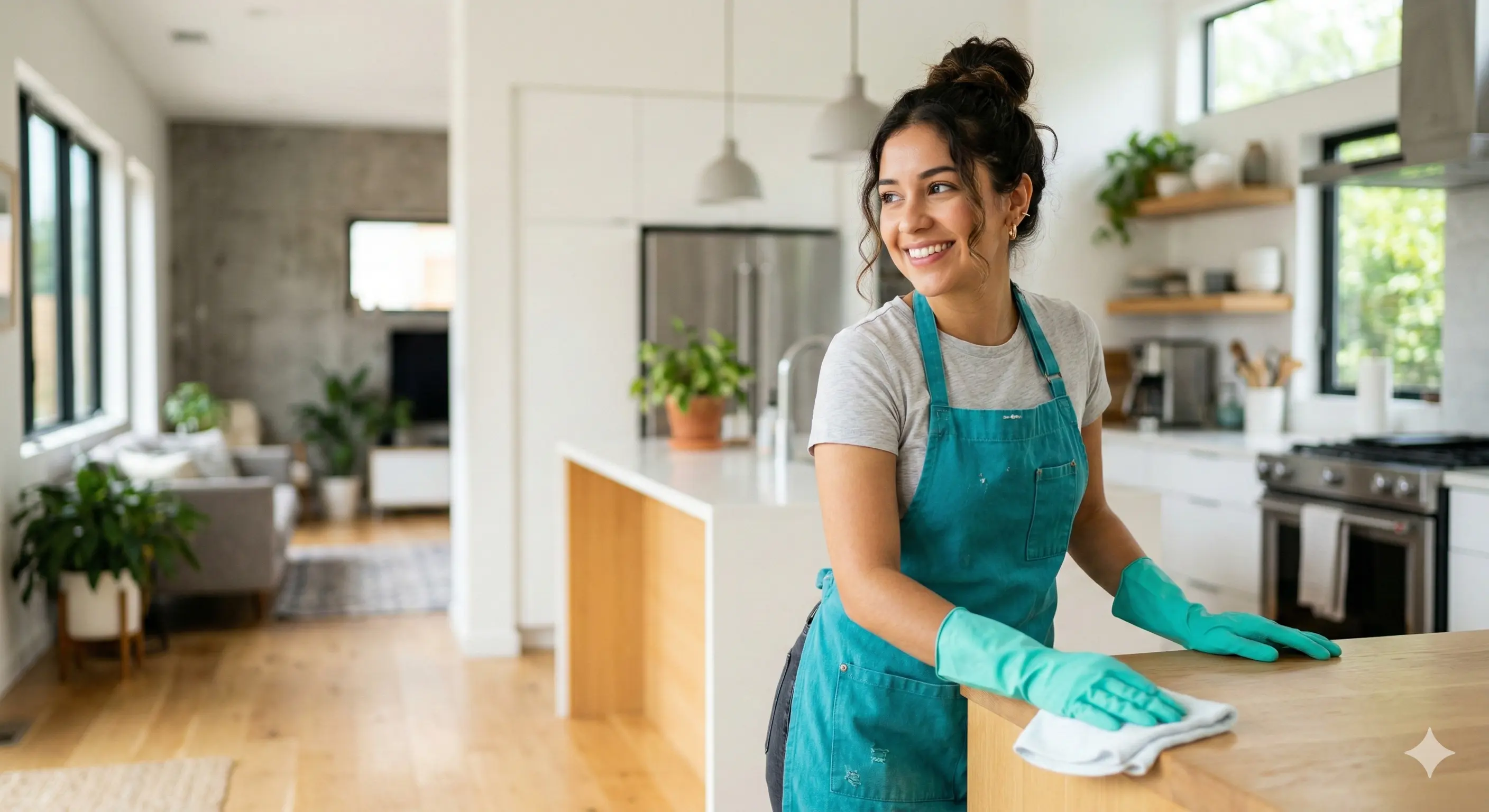 a young adult hispanic girl in a teal apron and teal gloves cleaning a brigtly lit modern home
